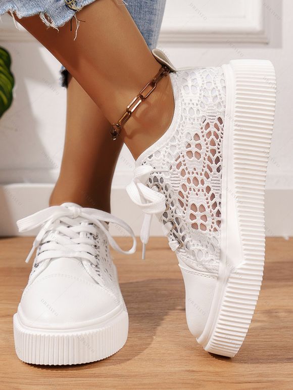 Mesh Platform Lace-Up Breathable Versatile Casual Flat Shoes - Blanc EU 43