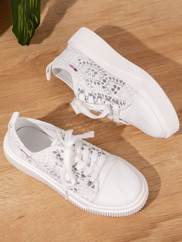 Mesh Platform Lace-Up Breathable Versatile Casual Flat Shoes - Blanc EU 43