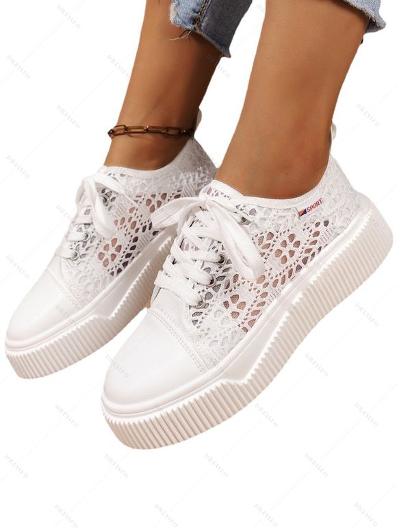 Mesh Platform Lace-Up Breathable Versatile Casual Flat Shoes - Blanc EU 43
