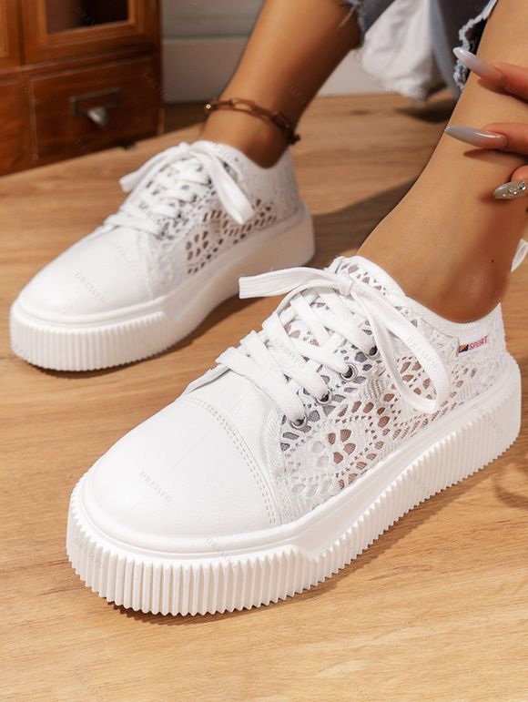 Mesh Platform Lace-Up Breathable Versatile Casual Flat Shoes - Blanc EU 43