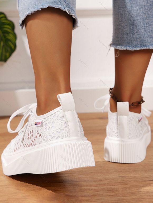 Mesh Platform Lace-Up Breathable Versatile Casual Flat Shoes - Blanc EU 43
