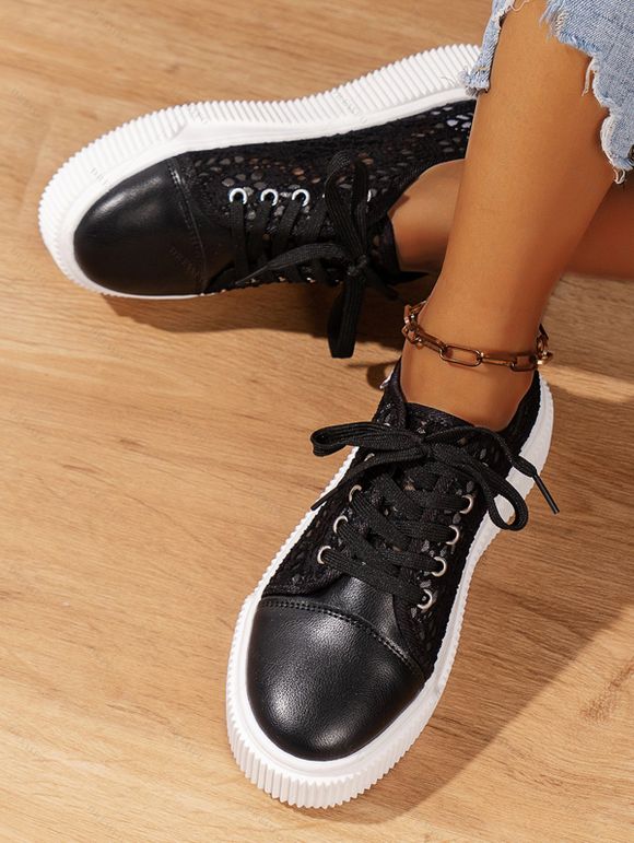 Mesh Platform Lace-Up Breathable Versatile Casual Flat Shoes - Noir EU 41