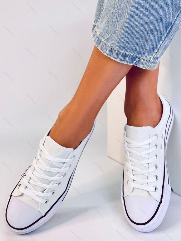 Low-Top Rubber Sole Canvas Lace Up Flat Shoes - Blanc EU 37