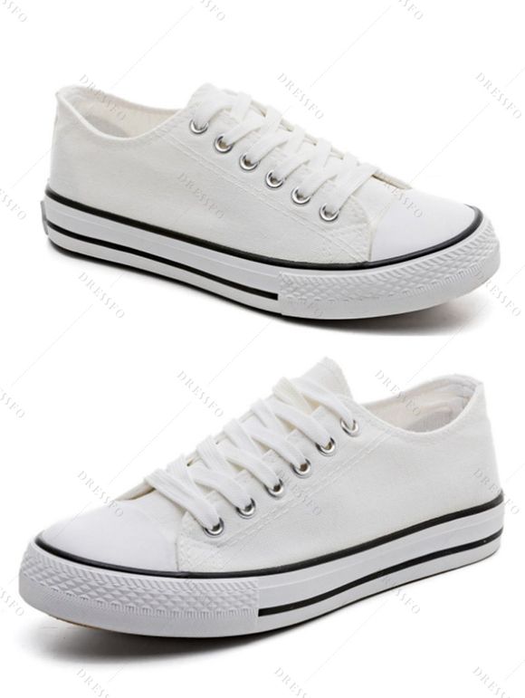 Low-Top Rubber Sole Canvas Lace Up Flat Shoes - Blanc EU 37