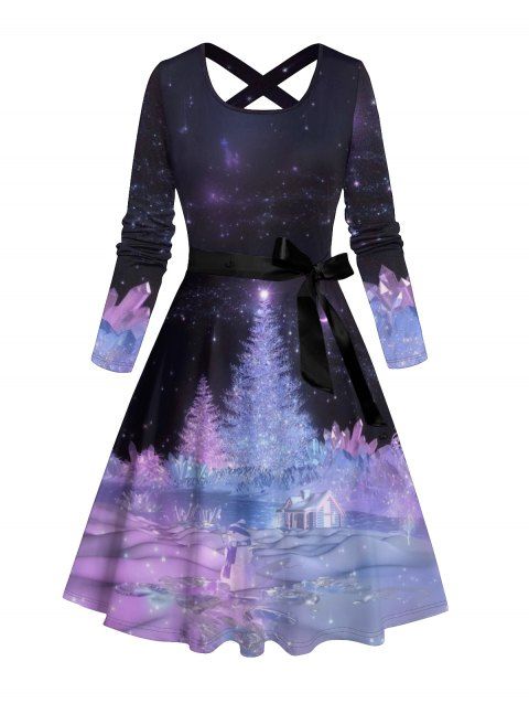 Robe Mi-Longue Ceinturée Croisé Scène de Galaxie à Manches Longues