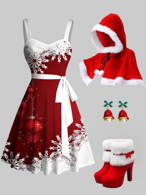 Christmas Ball Snowflake Print Belt Mini Dress And Faux Fur Panel Hooded Cape High Heeled Boots Bell Shape Earrings Outfit