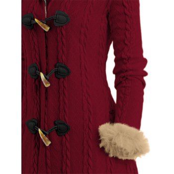 Cable Knit Plaid Faux Fur Panel Hooded Coat Horn Button Long Knitted Coat