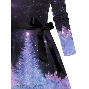 Christmas Snow Galaxy Scenic Print Belted Dress Crisscross Long Sleeve Midi Dress