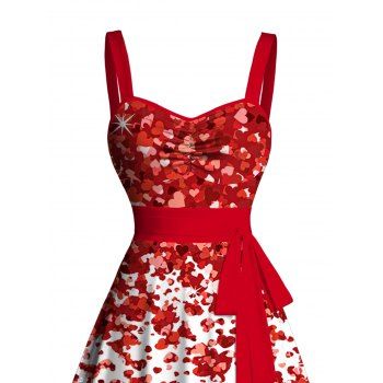 Allover Heart Ombre Print Sweetheart Neck Tank Dress Belt Ruched Bust Sleeveless Mini Dress 