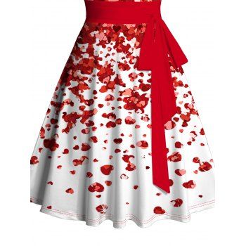 Allover Heart Ombre Print Sweetheart Neck Tank Dress Belt Ruched Bust Sleeveless Mini Dress 