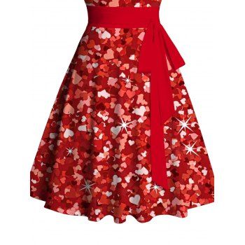 Allover Heart Print Sweetheart Neck Tank Dress Belt Ruched Bust Sleeveless Mini Dress 