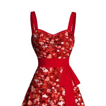 Allover Heart Print Sweetheart Neck Tank Dress Belt Ruched Bust Sleeveless Mini Dress 