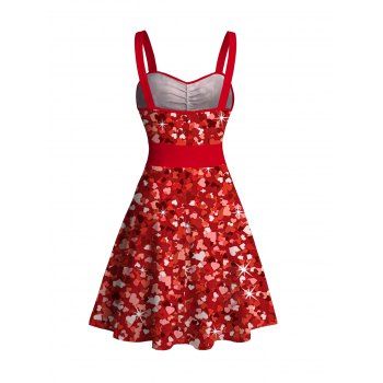 Allover Heart Print Sweetheart Neck Tank Dress Belt Ruched Bust Sleeveless Mini Dress 