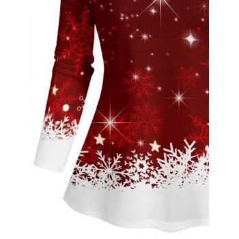 Christmas Snowflake Print Skew Collar T-shirt Long Sleeve Buckle Strap Contrast Color Tee