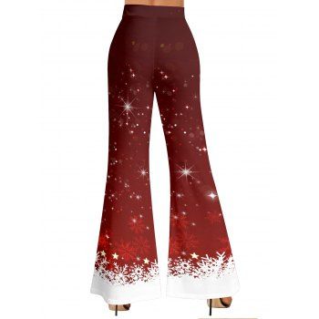 Christmas Snowflake Print Contrast Color Skew Collar Long Sleeve T-shirt And High Waist Flare Pants Matching Outfit