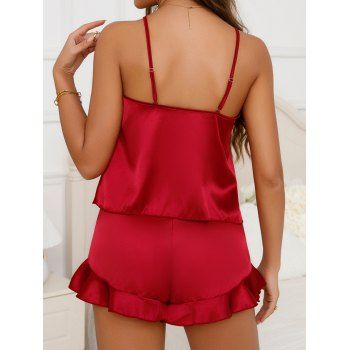 Flounce Hem Satin Camisole Set Adjustable Spaghetti Strap Plunge Camisole Set