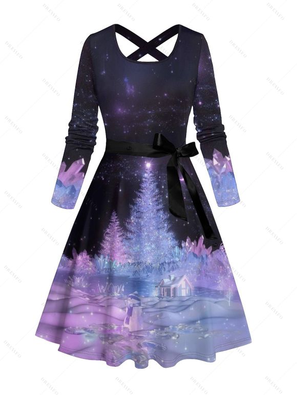 Robe Mi-Longue Ceinturée Croisé Scène de Galaxie à Manches Longues - Noir XXXXXL | US 20