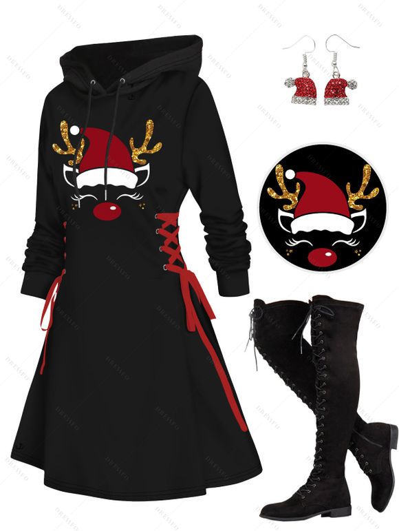 Christmas Hat Antlers Pattern Long Sleeve Lace Up Hooded Mini Dress And Over The Knee Boots Drop Earrings Outfit - Noir S | US 4