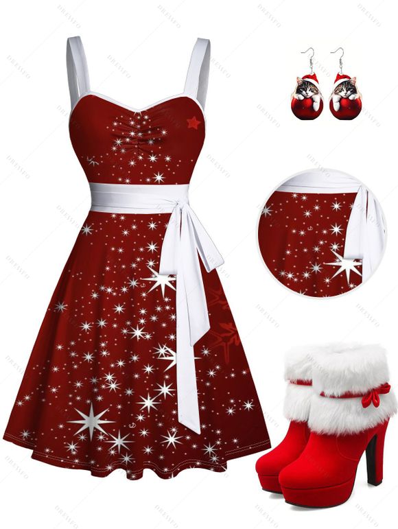 Christmas Sparkled Light Print Ruched Bust Belted Mini Dress And Faux Fur High Heeled Boots Cat Shape Drop Earrings Outfit - Rouge S | US 4