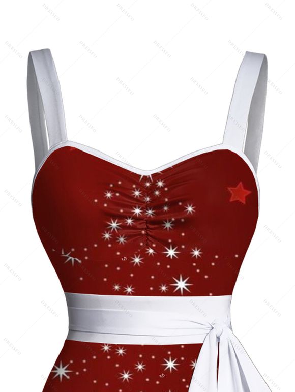 Christmas Sparkled Light Print Ruched Bust Belted Mini Dress And Faux Fur High Heeled Boots Cat Shape Drop Earrings Outfit - Rouge S | US 4