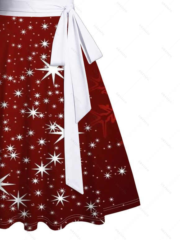 Christmas Sparkled Light Print Ruched Bust Belted Mini Dress And Faux Fur High Heeled Boots Cat Shape Drop Earrings Outfit - Rouge S | US 4