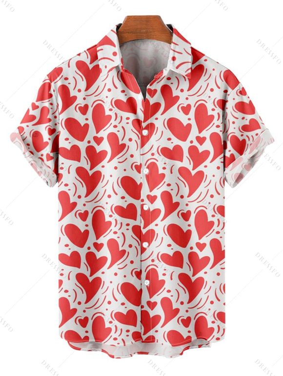 Chemise Boutonnée Cœur Imprimé Partout à Manches Courtes Saint-Valentin - Blanc S