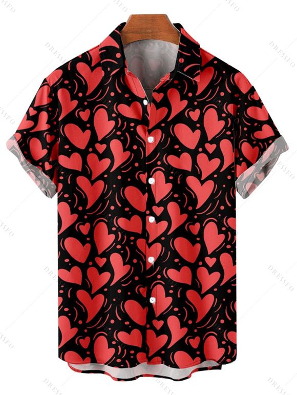 Chemise Boutonnée Cœur Imprimé Partout à Manches Courtes Saint-Valentin - Noir 5XL