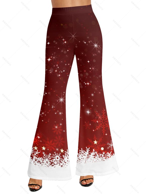 Pantalon de Noël Evasé Long Contrasté Flocon de Neige Imprimé à Taille Haute - Rouge foncé XL | US 12