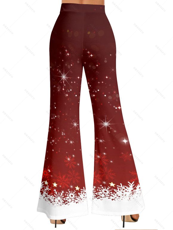 Pantalon de Noël Evasé Long Contrasté Flocon de Neige Imprimé à Taille Haute - Rouge foncé XL | US 12