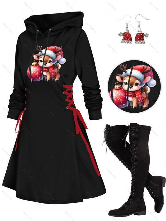 Christmas Ball Cute Elk Print Lace Up Mini Hooded Dress And Over The Knee Boots Artificial Crystal Hat Drop Earrings Outfit - Noir S | US 4