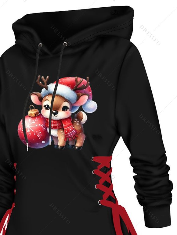 Christmas Ball Cute Elk Print Lace Up Mini Hooded Dress And Over The Knee Boots Artificial Crystal Hat Drop Earrings Outfit - Noir S | US 4