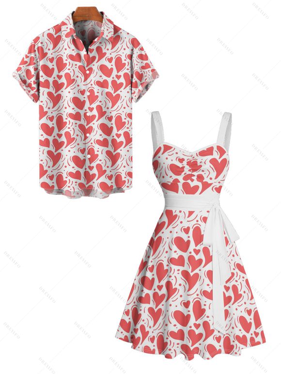 Allover Heart Print Valentine's Day Belted Mini Dress And Short Sleeve Shirt Matching Outfit - Blanc S | US 4