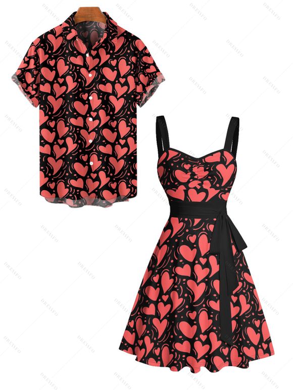 Allover Heart Print Valentine's Day Belted Mini Dress And Short Sleeve Shirt Matching Outfit - Noir S | US 4