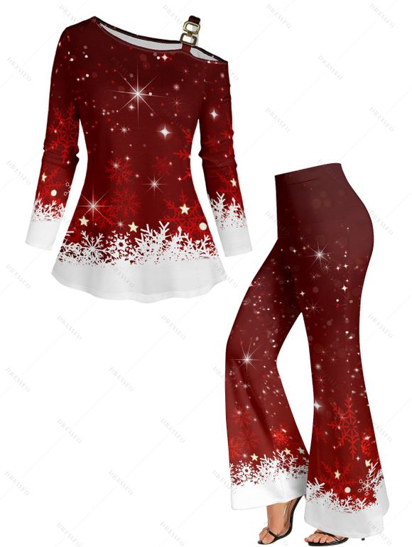 Christmas Snowflake Print Contrast Color Skew Collar Long Sleeve T-shirt And High Waist Flare Pants Matching Outfit - Rouge foncé S | US 4