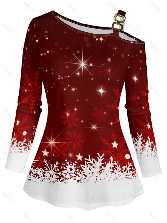 Christmas Snowflake Print Contrast Color Skew Collar Long Sleeve T-shirt And High Waist Flare Pants Matching Outfit - Rouge foncé S | US 4