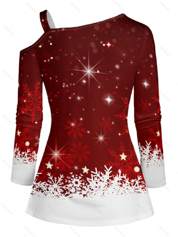 Christmas Snowflake Print Contrast Color Skew Collar Long Sleeve T-shirt And High Waist Flare Pants Matching Outfit - Rouge foncé S | US 4