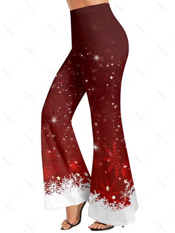 Christmas Snowflake Print Contrast Color Skew Collar Long Sleeve T-shirt And High Waist Flare Pants Matching Outfit - Rouge foncé S | US 4