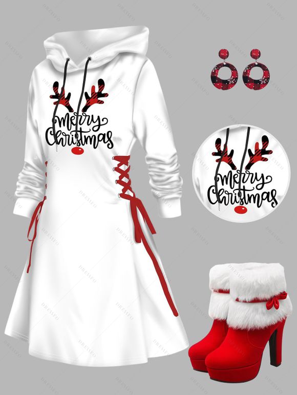 Christmas Antlers Letters Pattern Lace Up Mini Hooded Dress And Faux Fur High Heeled Boots Plaid Snowflake Earrings Outfit - Rouge S | US 4