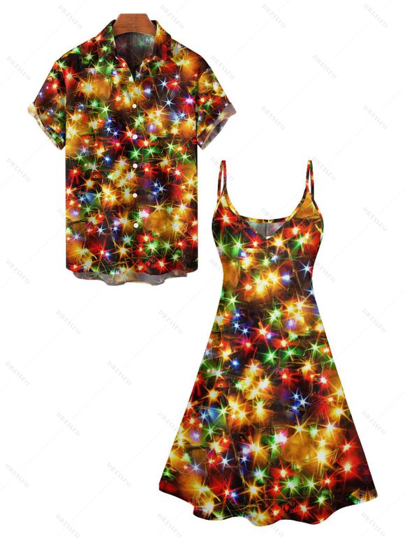 Shinny Colorful Star Print V Neck Spaghetti Strap Mini Dress And Short Sleeve Shirt Matching Outfit - multicolor S | US 4