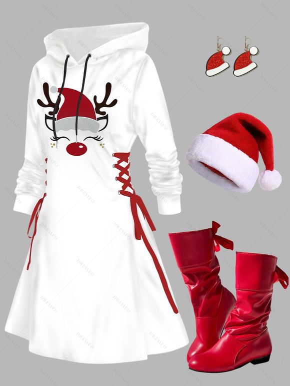 Christmas Hat Letters Pattern Lace Up Hooded Dress and Back Tie Mid-Calf Boots Fluffy Hat Cap Shape Earrings Outfit - Rouge S | US 4