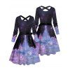 Robe Mi-Longue Ceinturée Croisé Scène de Galaxie à Manches Longues - Noir XXXXXL | US 20