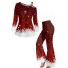 Christmas Snowflake Print Contrast Color Skew Collar Long Sleeve T-shirt And High Waist Flare Pants Matching Outfit - Rouge foncé S | US 4