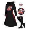 Christmas Ball Cute Elk Print Lace Up Mini Hooded Dress And Over The Knee Boots Artificial Crystal Hat Drop Earrings Outfit - Noir S | US 4