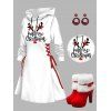 Christmas Antlers Letters Pattern Lace Up Mini Hooded Dress And Faux Fur High Heeled Boots Plaid Snowflake Earrings Outfit