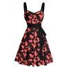 Allover Heart Print Valentine's Day Belted Mini Dress And Short Sleeve Shirt Matching Outfit - Noir S | US 4