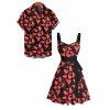 Allover Heart Print Valentine's Day Belted Mini Dress And Short Sleeve Shirt Matching Outfit - Noir S | US 4