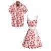 Allover Heart Print Valentine's Day Belted Mini Dress And Short Sleeve Shirt Matching Outfit - Blanc S | US 4