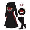 Christmas Hat Antlers Pattern Long Sleeve Lace Up Hooded Mini Dress And Over The Knee Boots Drop Earrings Outfit - Noir S | US 4