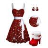 Christmas Sparkled Light Print Ruched Bust Belted Mini Dress And Faux Fur High Heeled Boots Cat Shape Drop Earrings Outfit - Rouge S | US 4