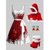 Christmas Ball Snowflake Print Belt Mini Dress And Faux Fur Panel Hooded Cape High Heeled Boots Bell Shape Earrings Outfit - Rouge foncé S | US 4